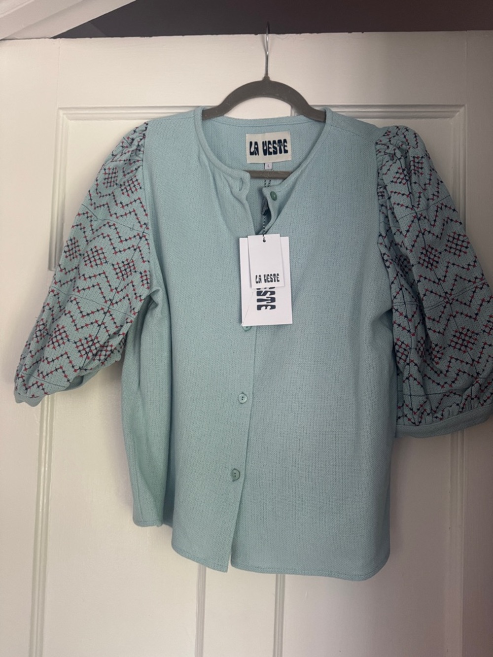 La Veste Mint Puff-Sleeve Knit Blouse